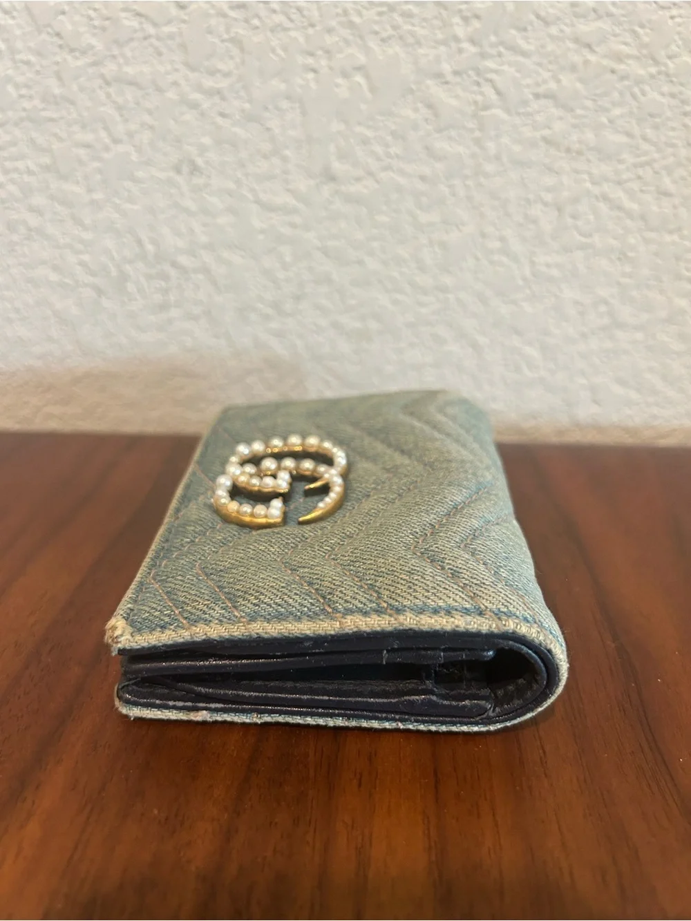 Gucci Denim Wallet with Pearl Double G - Light Blue